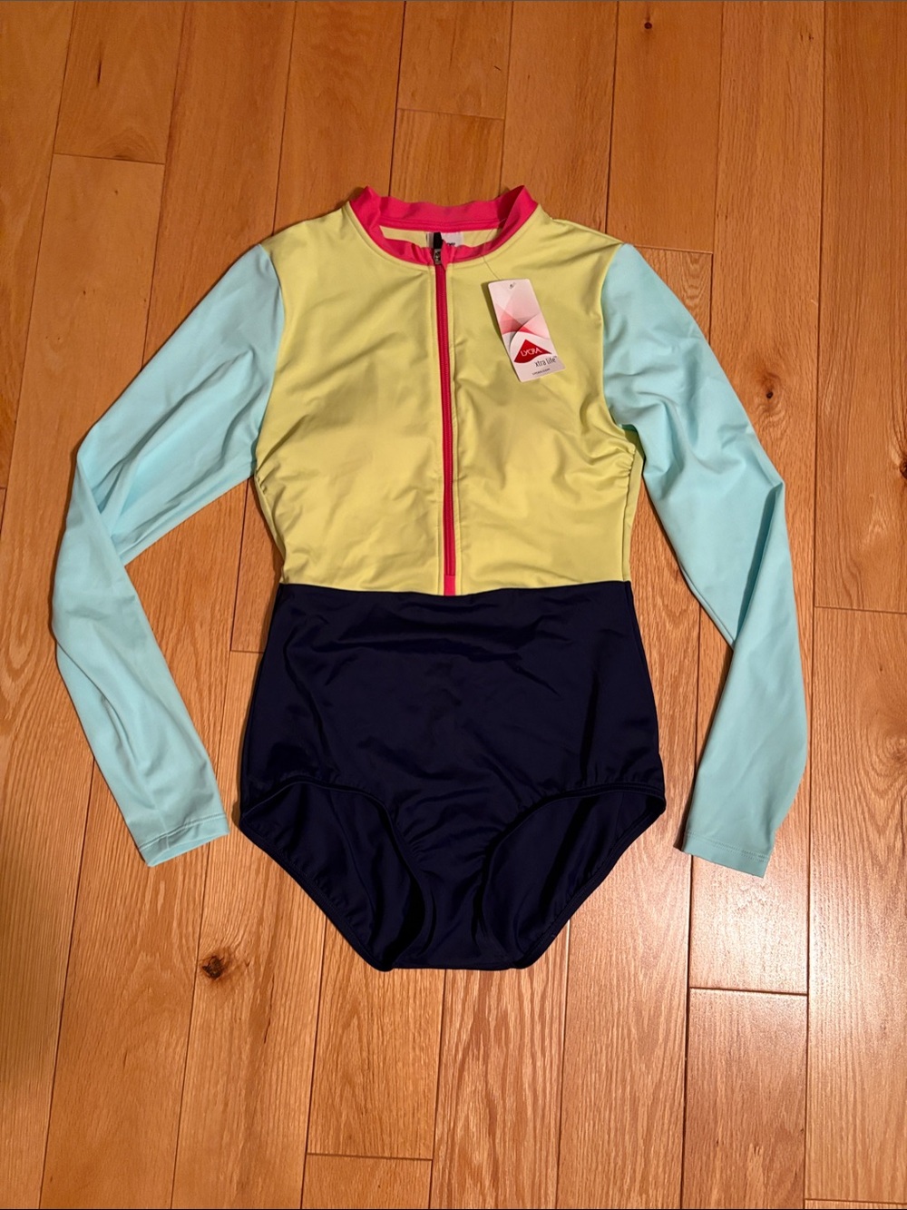 Lands' End Colorblock Long-Sleeve One-Piece Swimsuit - Aqua, Navy, Pink